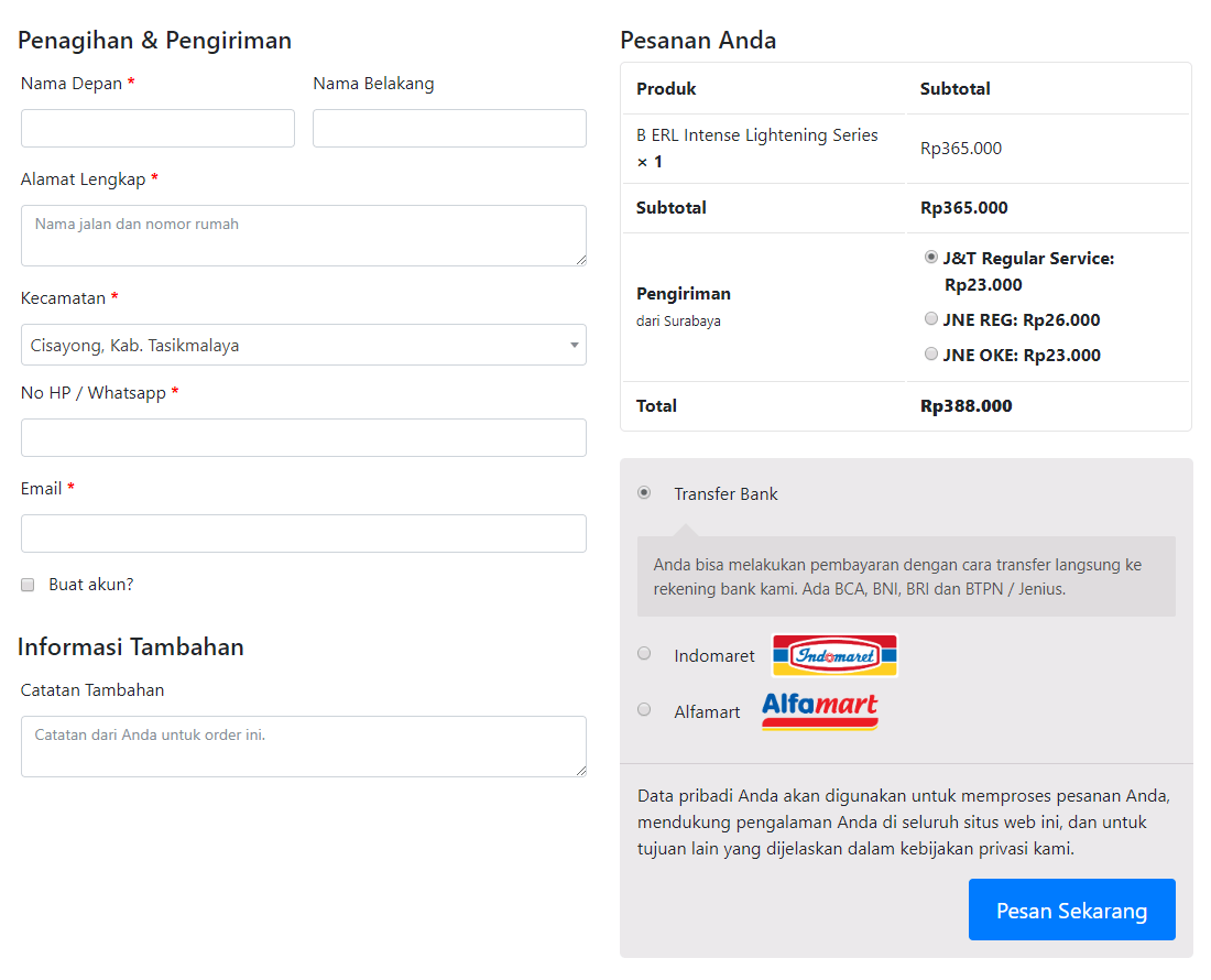 Isi data untuk pengiriman dan pembayaran